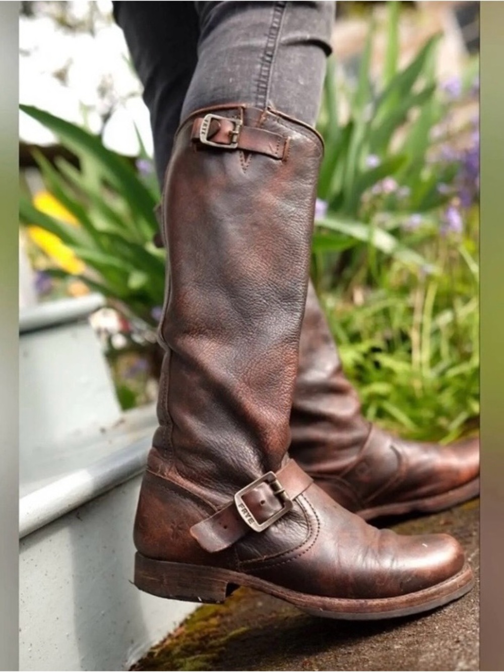 Frye Veronica Slouch Brown Leather Engineer Boots
